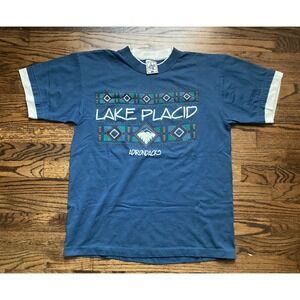 Vintage 90s Lake Placid Ringer T Shirt Sz Large ALURE Geometric Adirondacks Blue